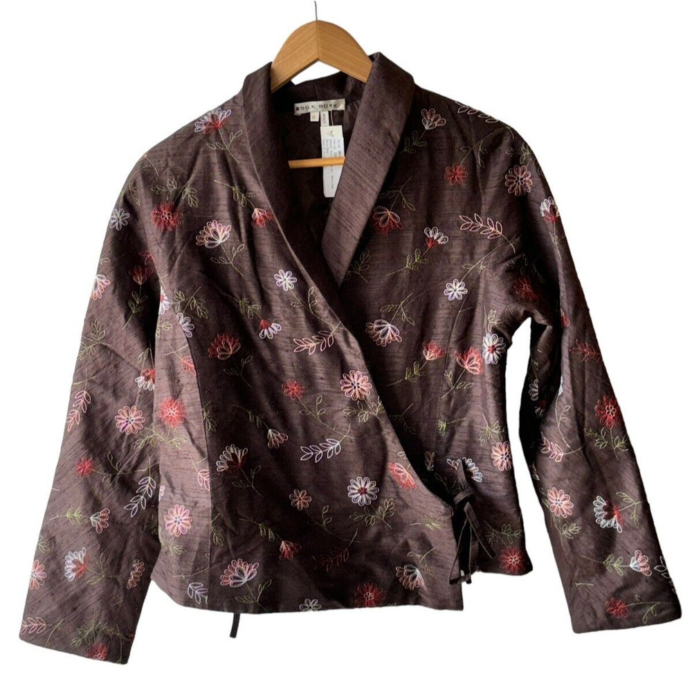Silk Box Size 6 Brown Asian Inspired Embroidered True Wrap Silk Jacket - New